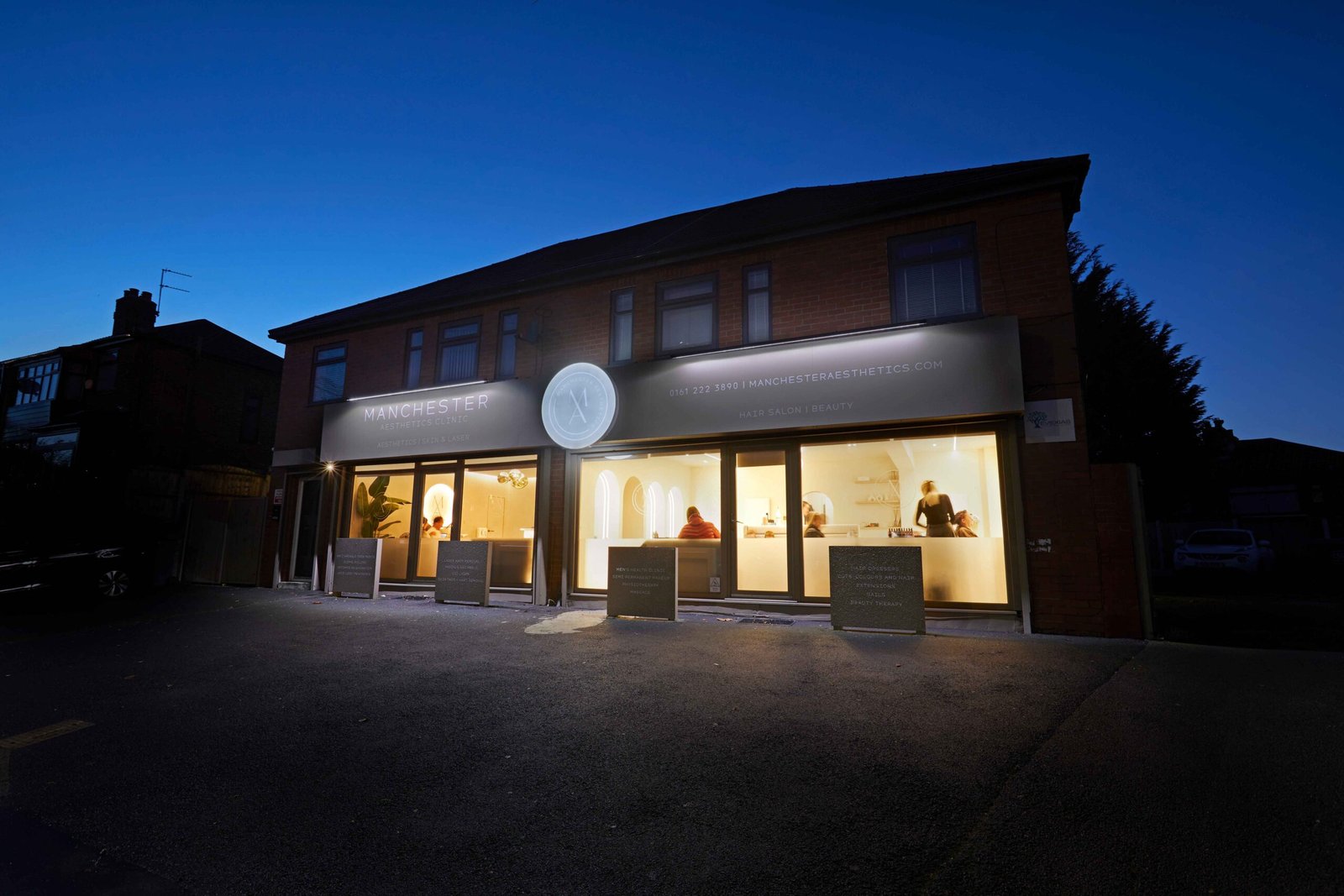 Manchester Aesthetics clinic building with illuminated signage